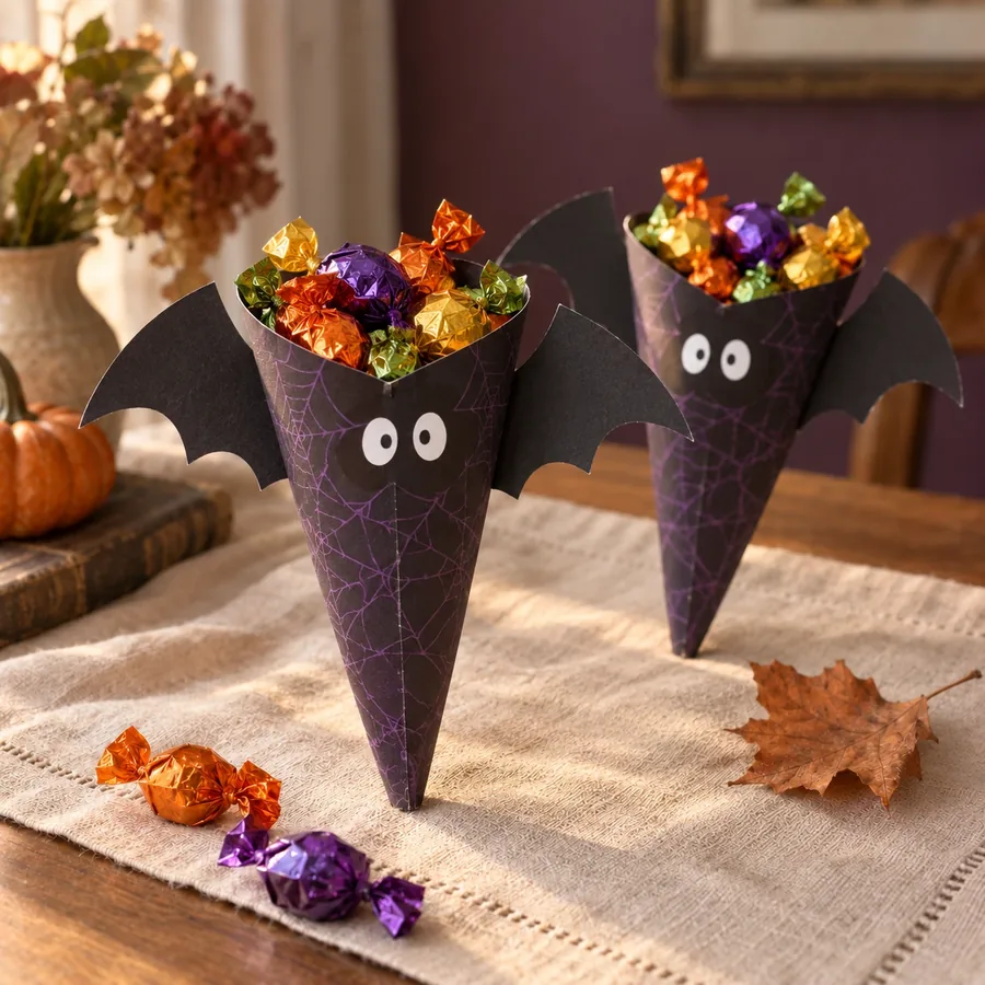 Two bat-shaped Halloween treat cones