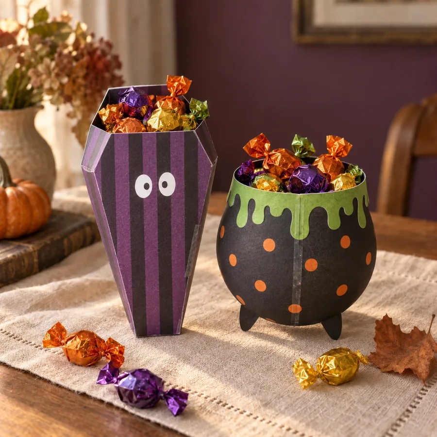 Coffin and cauldron Halloween treat cones
