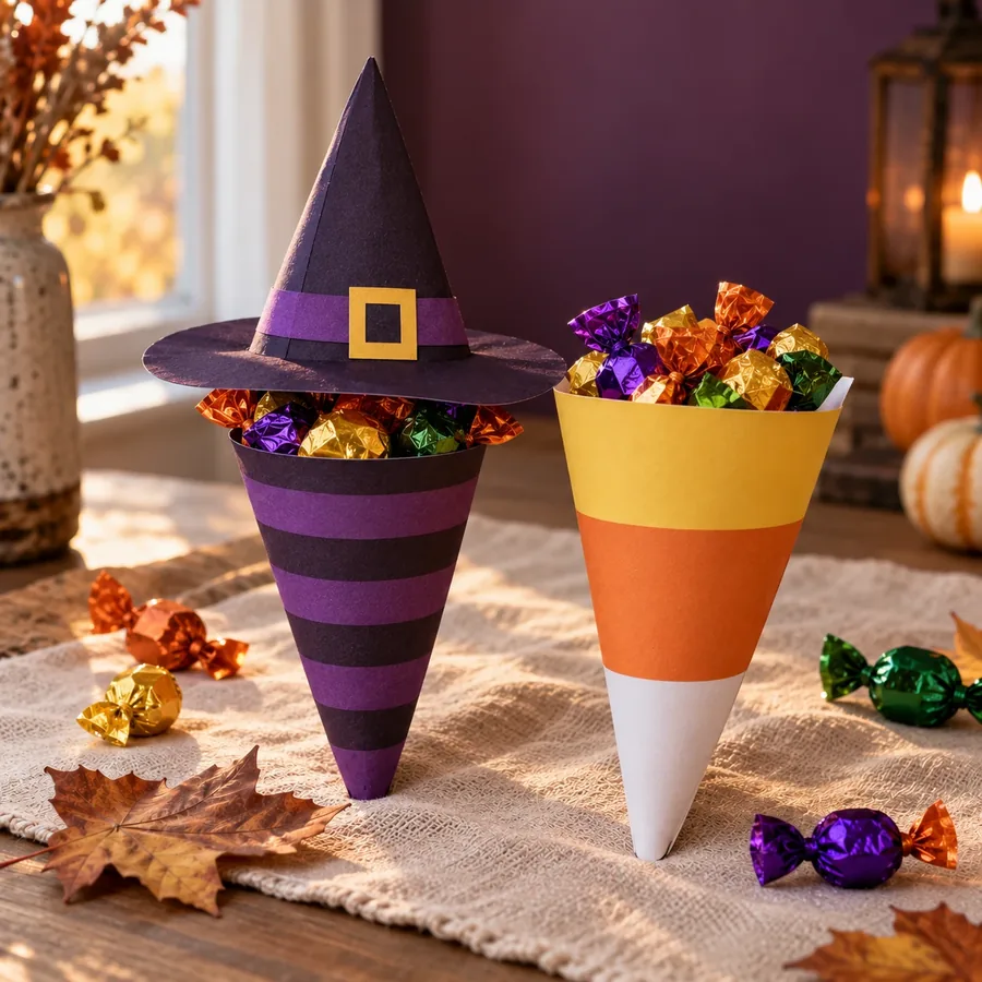 Witch hat and candy corn Halloween treat cones