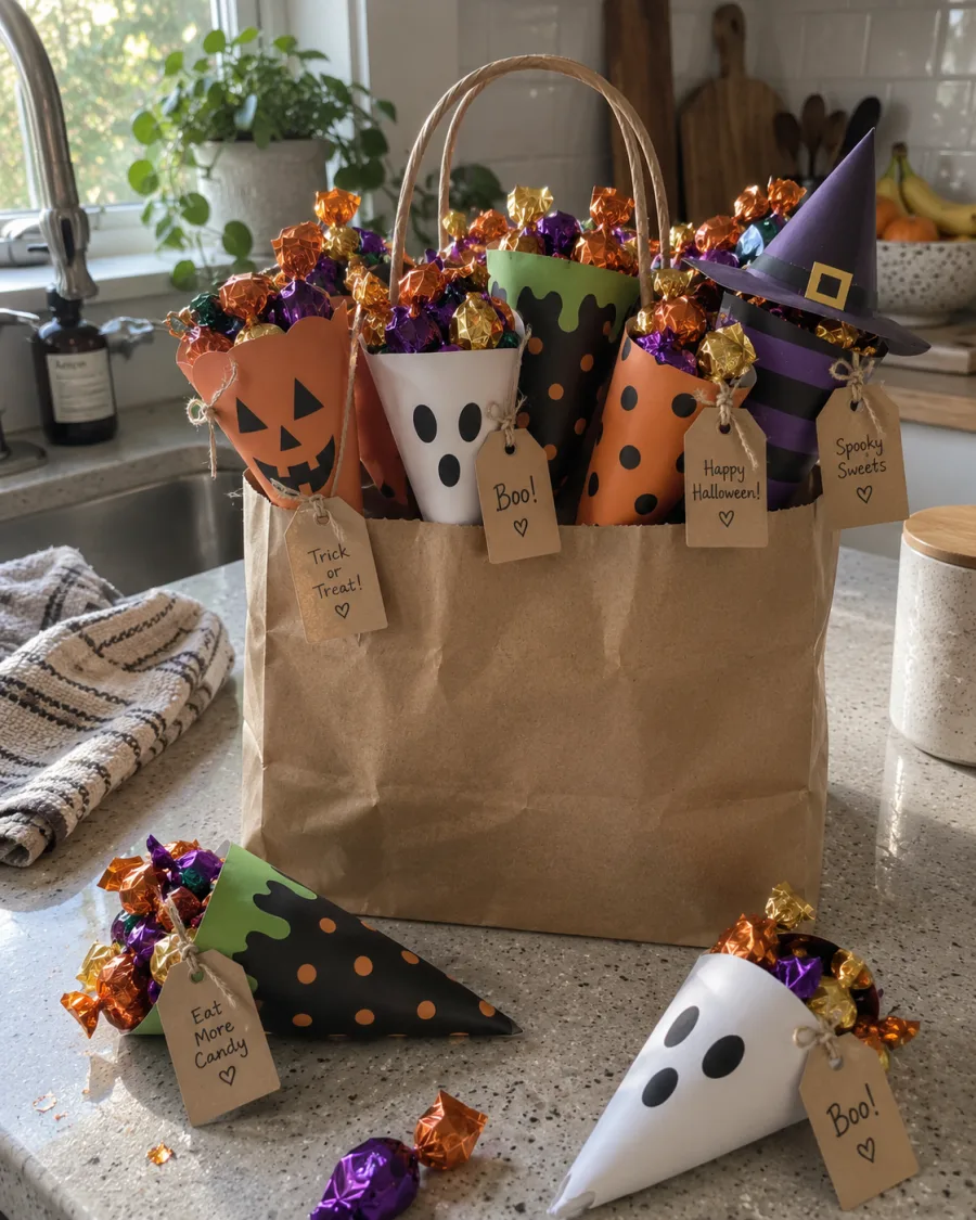 A kraft carrier bag of tagged treat cones on a kitchen counter in daylight