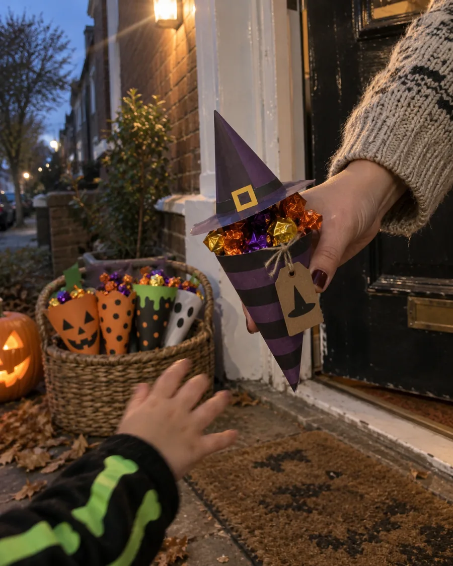 A witch hat treat cone handed to a trick-or-treater at a front door at dusk