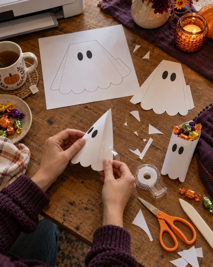 Printed ghost cone template, scissors and tape on a kitchen table