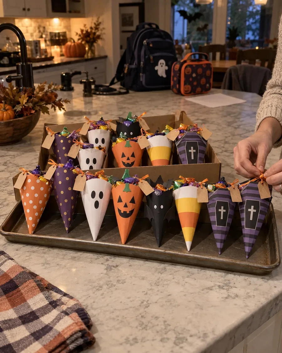 A batch of Halloween treat cones with tags ready for a class party